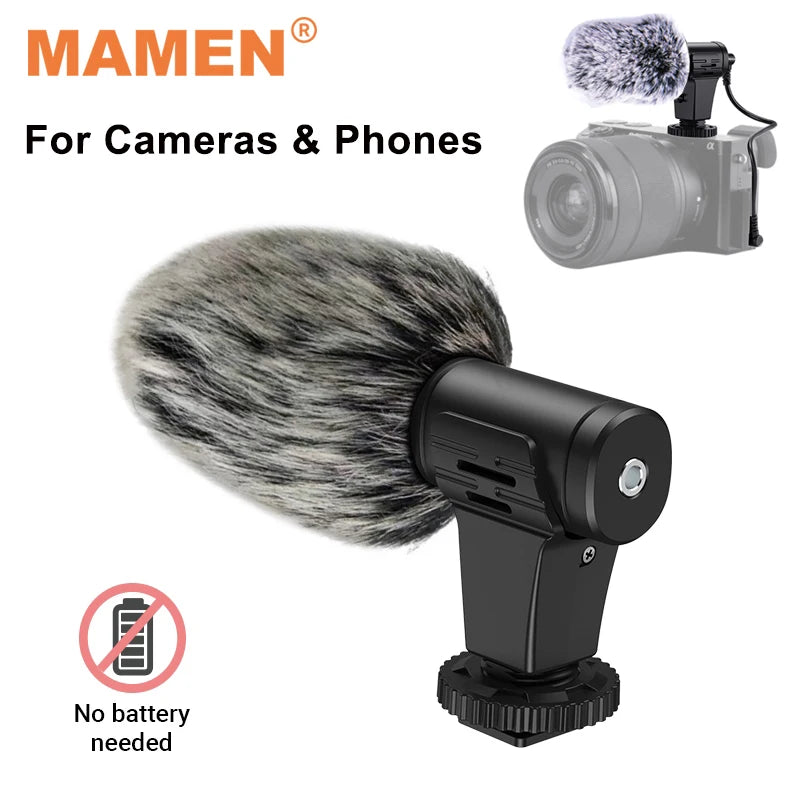 MAMEN Video Recording Microphone with ConyHair Windshield 3m Distance Cardioid Pickup for Camera Phone Livestream Vlog Interview