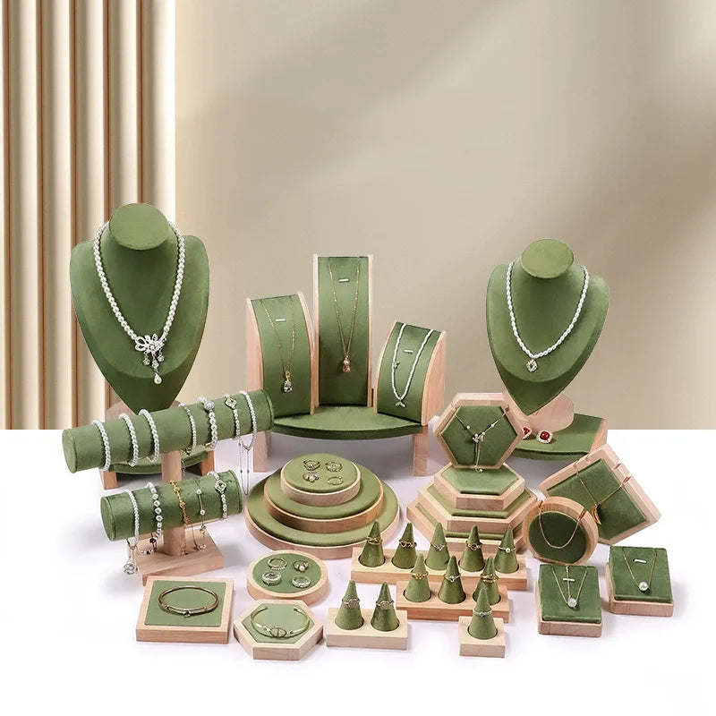Solid wood green velvet jewelry display stand ring stud necklace pendant bracelet storage and display stand