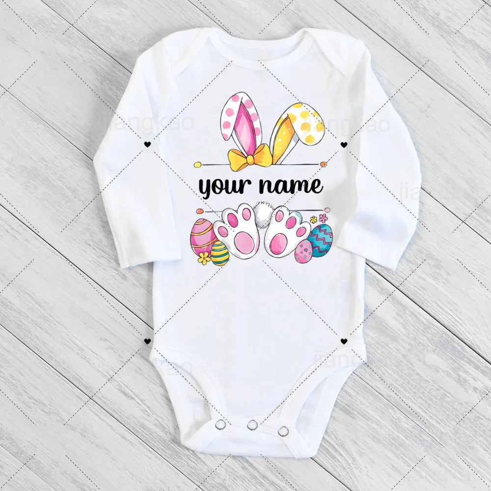 Personalized Easter Romper Easter Bunny Romper Custom Name Baby Girls Cute Outfit Newborn First Easter Party Clothes