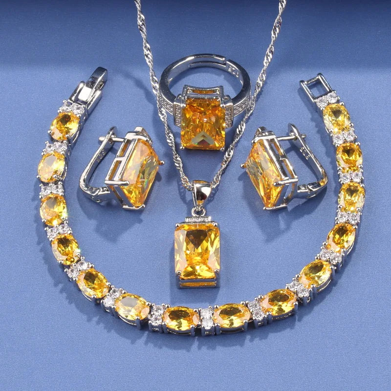 Rectangle 925 Silver Jewelry Accessory Fashion Vintage Original Set Of Earrings Women's Ring  Hand Bracelets Necklace Pendant