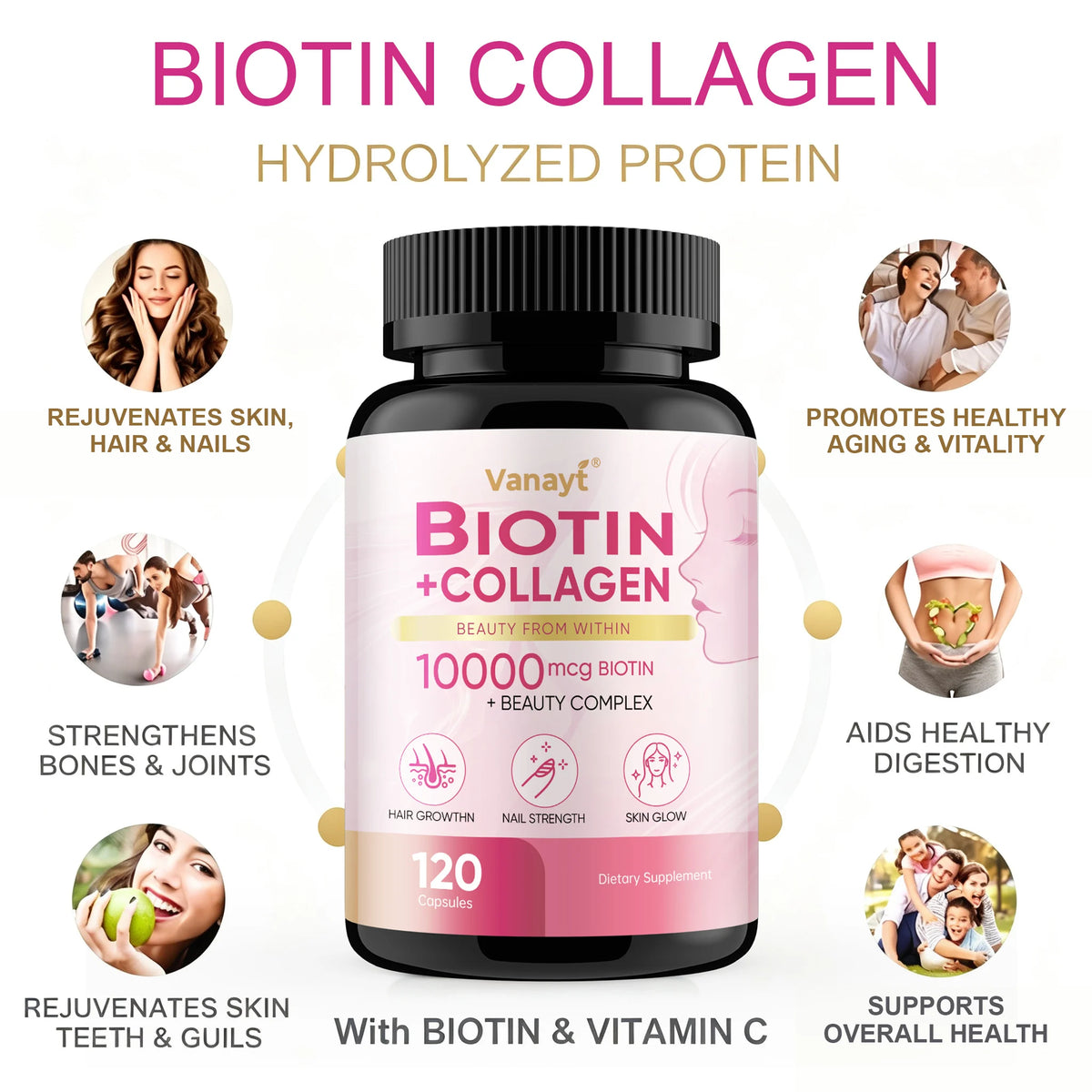 Biotin Collagen - Nourishes The Skin, Slows Down Aging, Promotes Healthy Hair, Strong Nails, and Improves Intestinal Digestion 120 Capsules