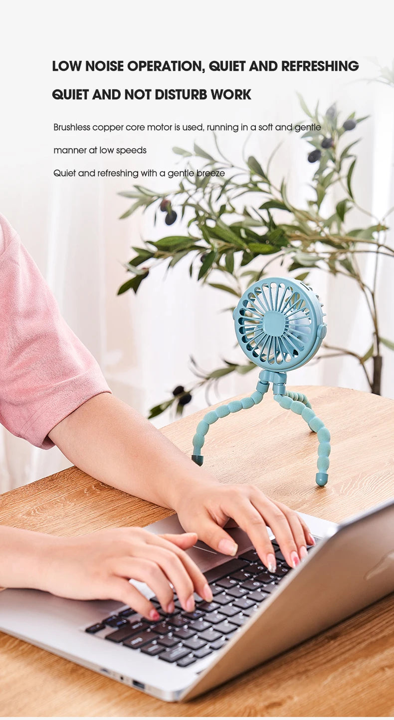 Baby Stroller Octopus Fan Anti Pinch Hand 3-speed Small Night Light USB Mini 3-speed Charging Small Fan