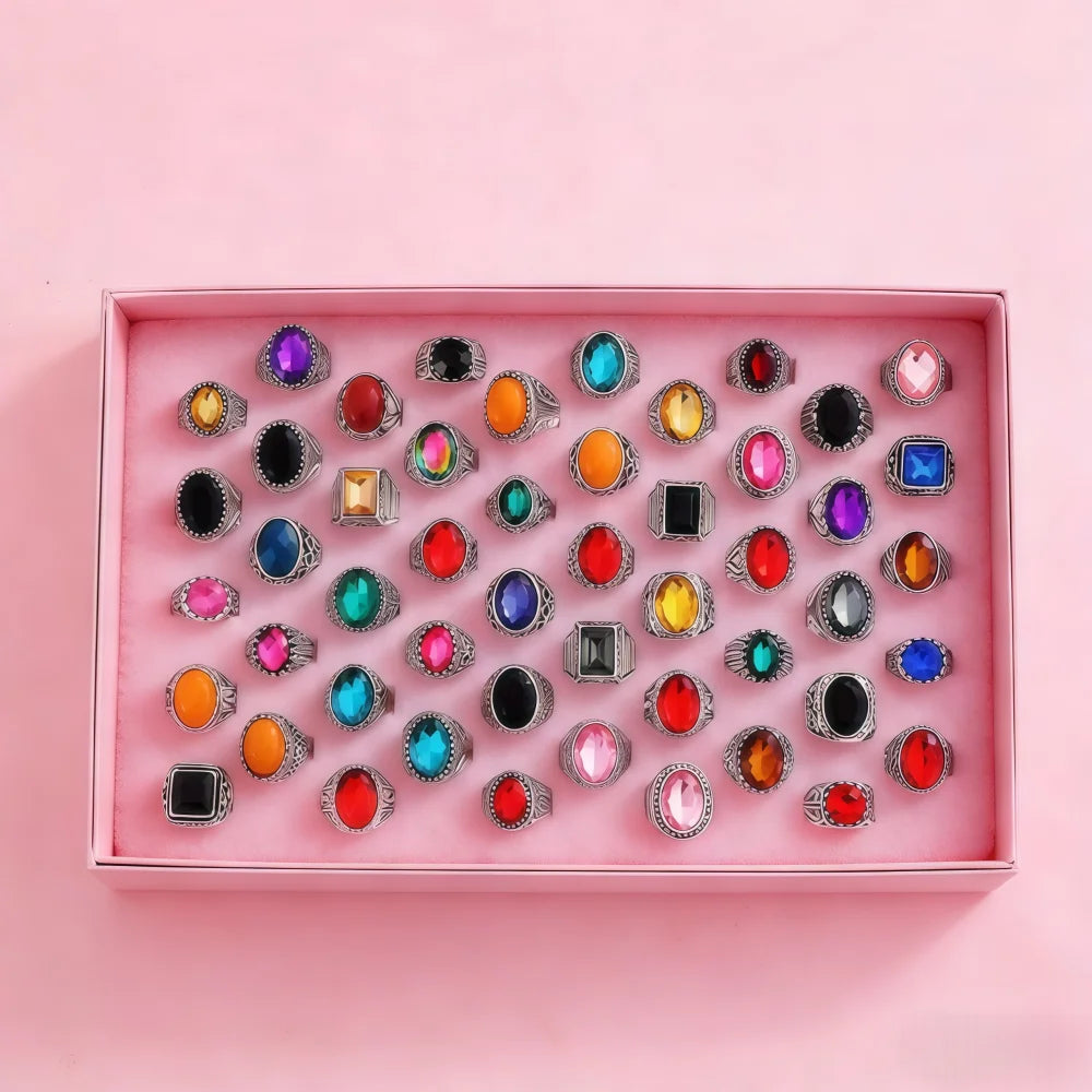 6/12/24/36/48/100Pieces Fashion Elegant Colorful Glass Rings Set For Women Random Mix Style Daily Party Gifts Jewelry