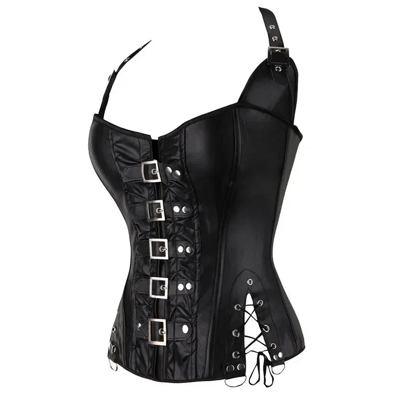 Steampunk Corsets And Bustiers Halter Plus Size Corset Pu Leather Gothic Punk Corselet Zipper Basque Sexy Korsett