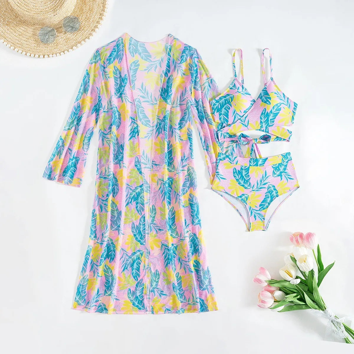 Women 3 Pieces Underwire Floral Bikini Set V Neck High Waist Swimsuit With Long Sleeve Kimono Cover Up Beach Bathing Suit