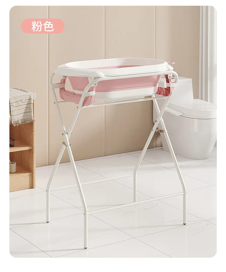 Foldable Baby Bathtub with Stand Set Newborn Bath Station No Bend Heightened Rack Infant Bath Tub with Drying Clothes Stand