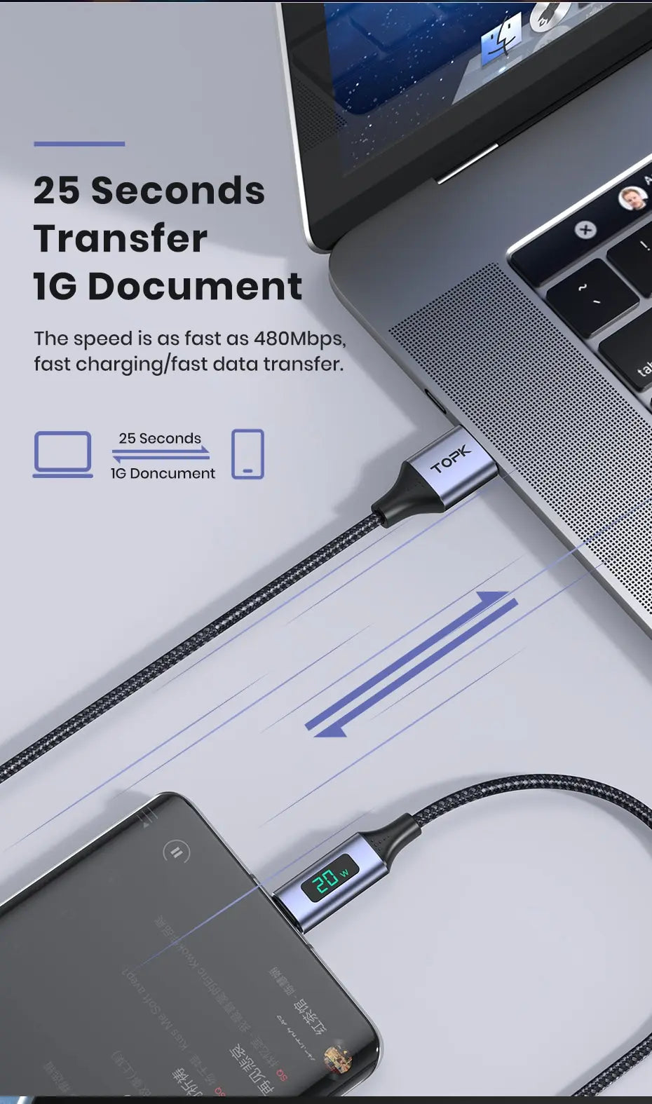 TOPK Micro USB Cable USB Type C Cable 3A for Samsung Xiaomi Fast Charging USB C With Digital Display Mobile Phone Cable