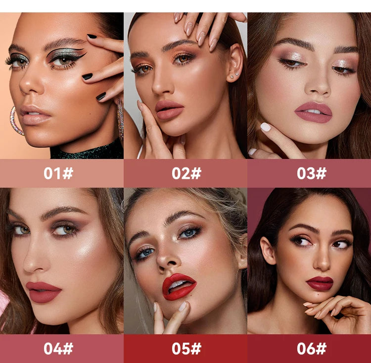 6 Colors of Long-Lasting Velvet Liquid Lipstick with Matte Texture Waterproof Non-Stick Cup Professional Lip Makeup Products