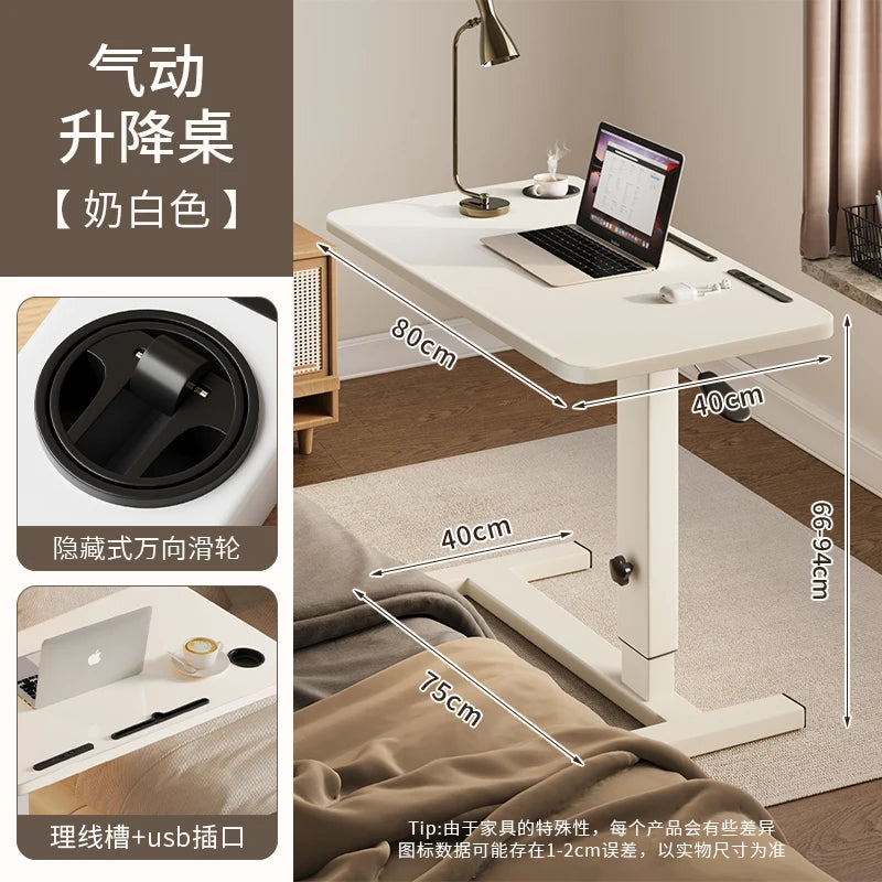Pneumatic Lifting Laptop Desk Mobile Bedside Table Computer Desk Home Office Writing Desk with Wheels Storage Shelf