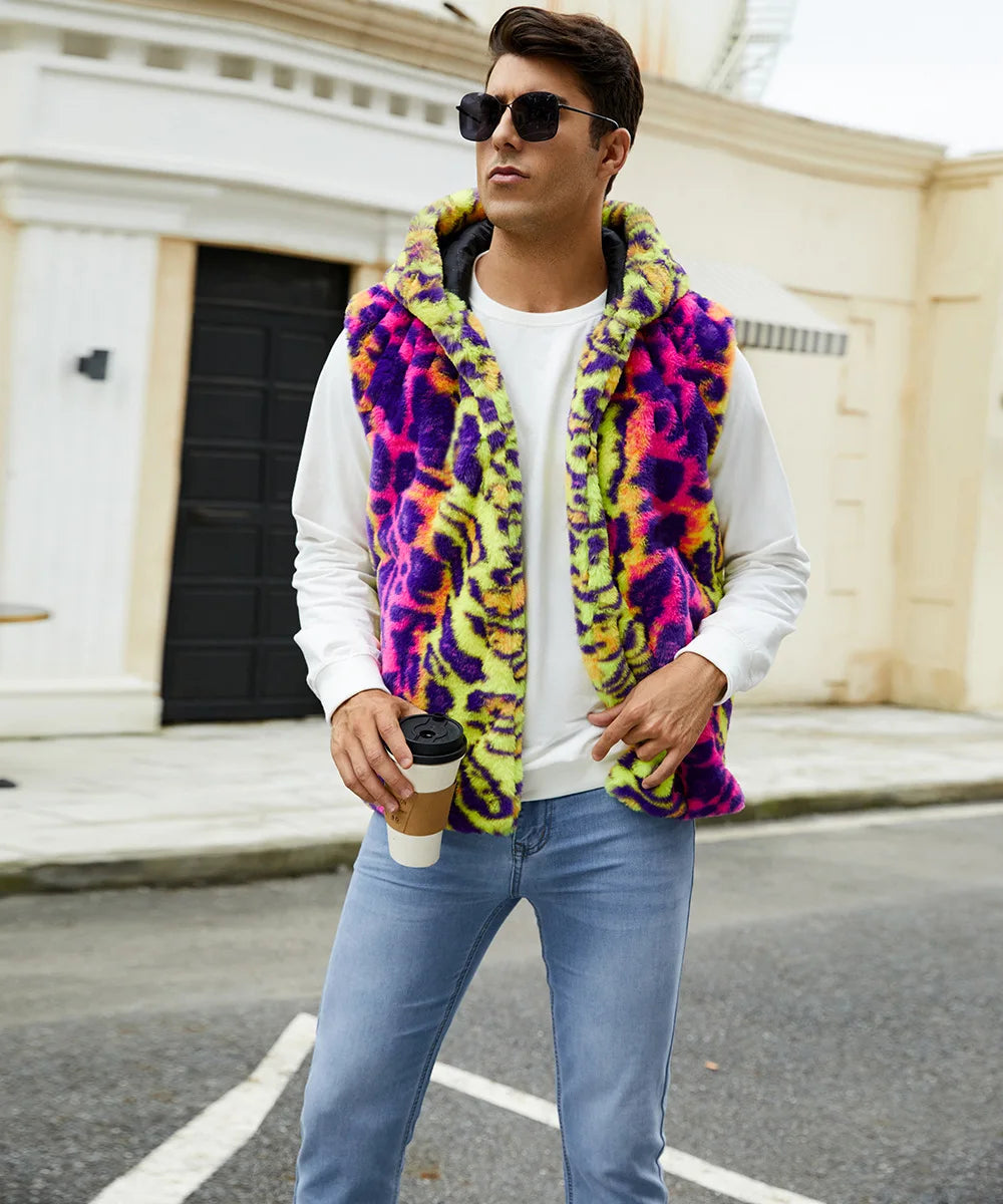 Autumn and Winter New Fashion Mens Warm Vest Imitation Fur Leopard Print Contrasting Plush Vest