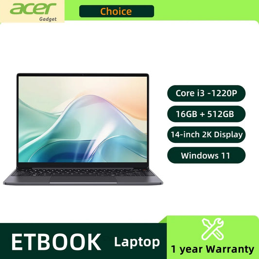 Acer Gadget e10 ETBook Gaming Laptop Intel Core i3-1220P 16GB RAM 512GB SSD Computer 14" 2K IPS ScreenWiFi6 Windows 11 laptops
