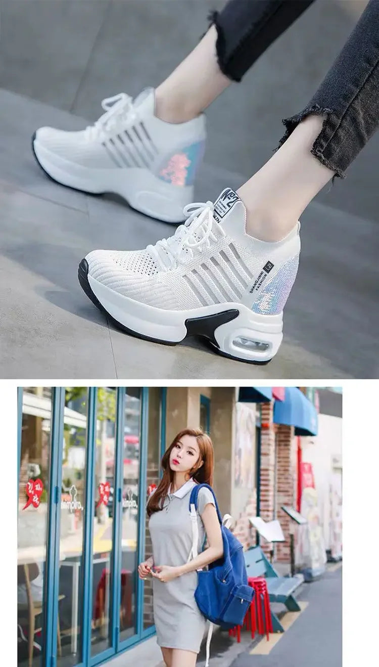 2025 Women's Sneakers Spring Sequined Casual Shoes Woman Platform Heels Wedges Height Increasing Knitted Ladies Vulcanized Shoes