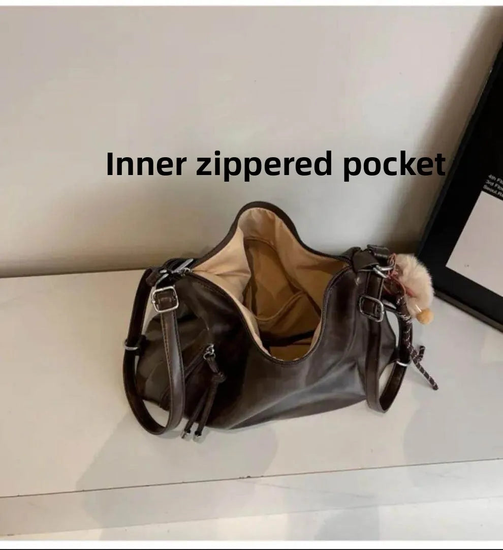 Retro Large Capacity Crossbody Shoulder Tote Bag for Women Commuter Bag 2025 New Luxury Minimalist High-End Feel PU Leather