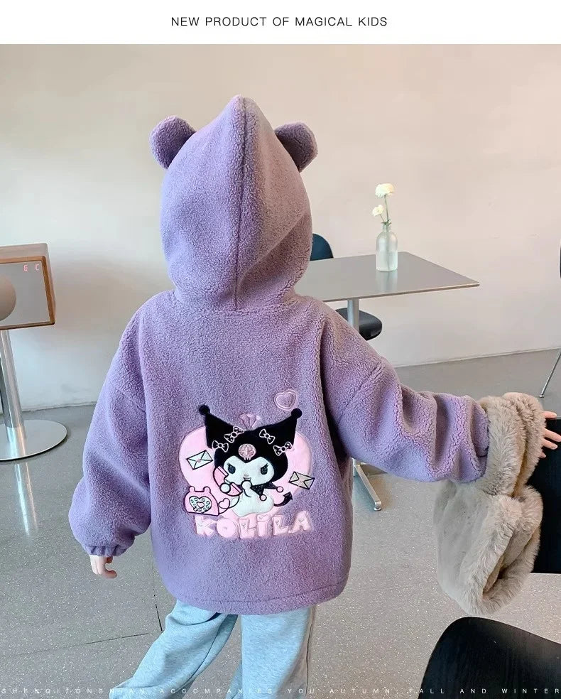 Winter 2025 New Cartoon Sanrio Kuromi Girls' Velvet Jacket Plus Velvet Children'S Polar Fleece Hooded Clothes Girls Winter Cloth