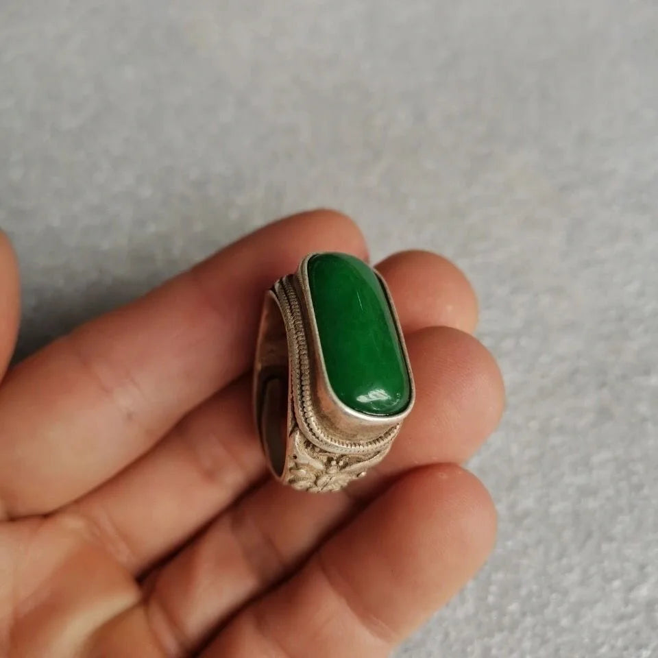 Vintage Green Jade Ring, Tibetan Silver Inlaid, Adjustable Stretch Band for Men & Women