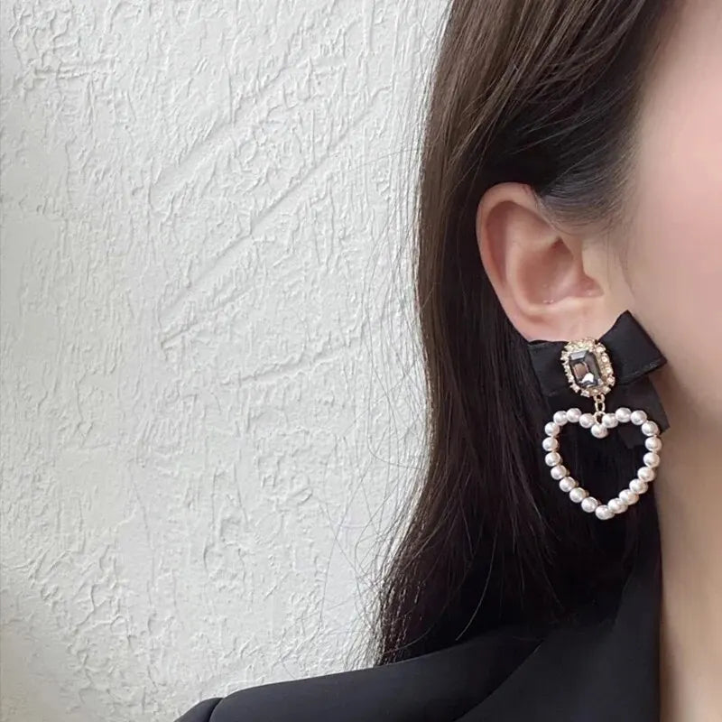 Black Bowknot Square Glass Heart Charm Drop Earrings Gold Color Heart Metal Imitation Pearl Surround Ins Girls Party Jewelry