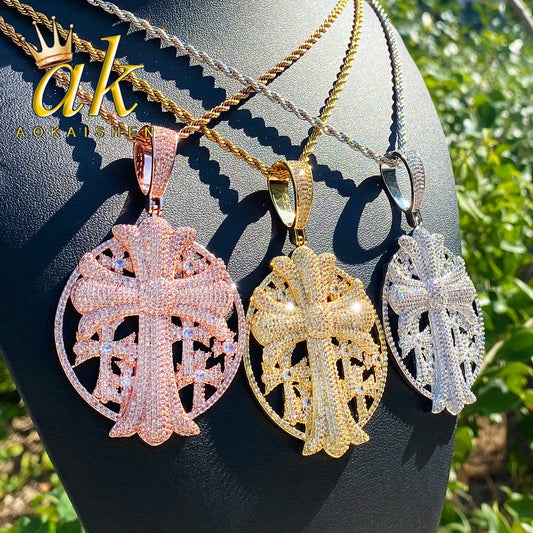 Aokaishen Iced Out Cross Disc Necklace Pendant for Women Real Gold Plated 5A Cubic Zirconia Hip Hop Jewelry