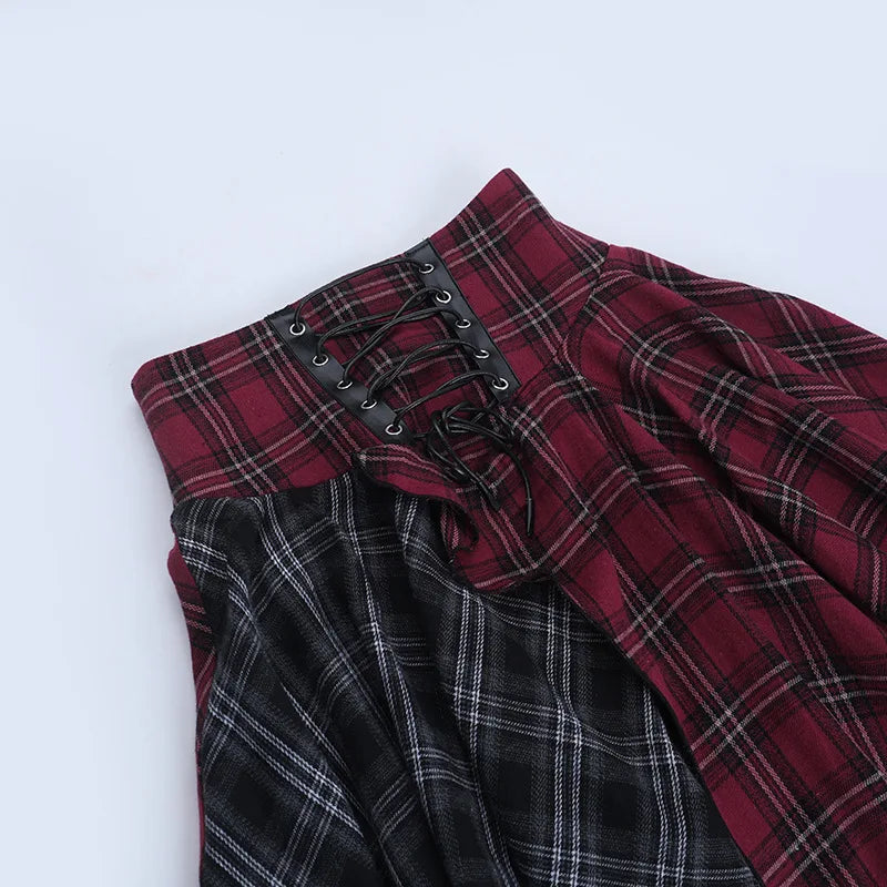 Goth Dark E-girl Streetwear Plaid Patchwork Irregular Hem Short Skirt Gothic Bottoms Y2K Punk Bandage Mini Skirts Alt Clothing