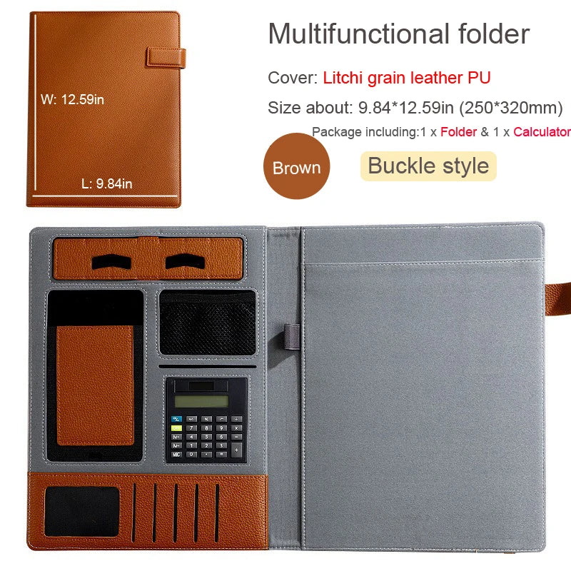 A4 Leather Padfolio Portfolio File Folder Man Document Holder Desk Organizer Executive Folders Calculator Briefcase for Office