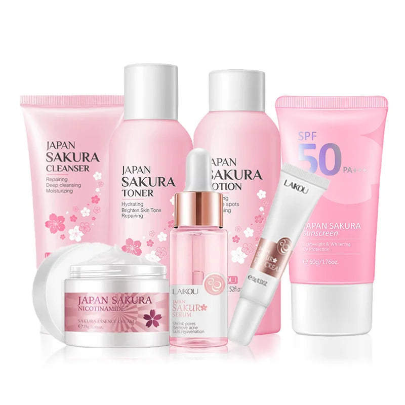 7pcs Sakura Skin Care Set Moisturizing Brightening Sunscreen Cleanser Fine Lines Delay Skin Aging  Nourish Daily Face Care Suit