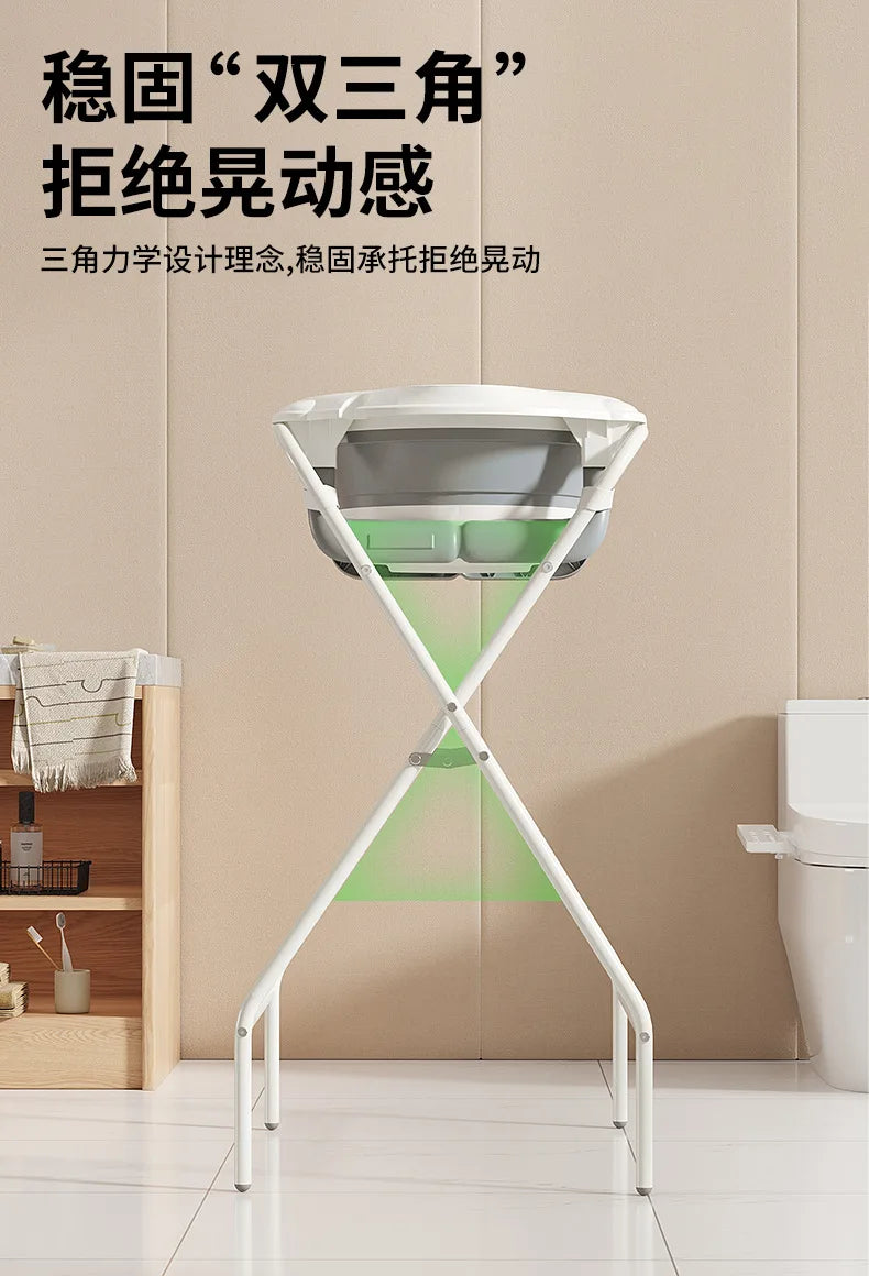 Foldable Baby Bathtub with Stand Set Newborn Bath Station No Bend Heightened Rack Infant Bath Tub with Drying Clothes Stand