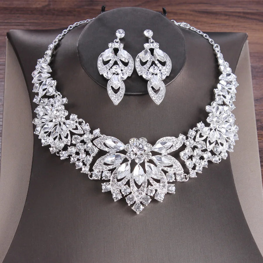 Advanced design retro necklace earring set leaf Multicolored flowers luxurious crystal jewelry bride's wedding dress accessories