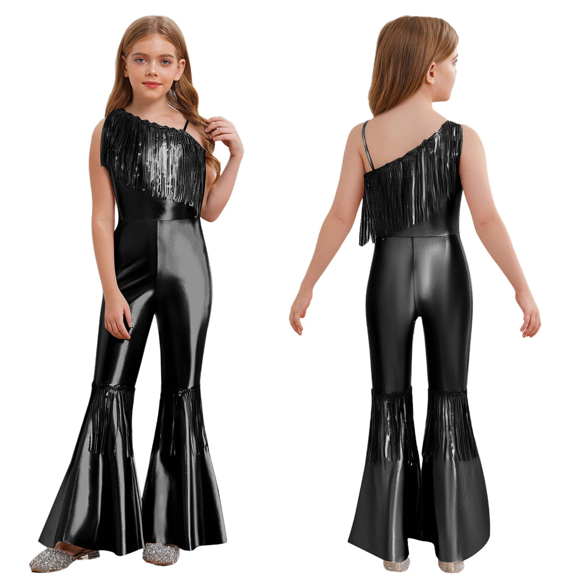 Halloween Kids Girls Hippie Costume Tassels Unitard Bell-bottom Long Pants Bodysuit Jumpsuit for Disco Dance 60s 70s Rave Party