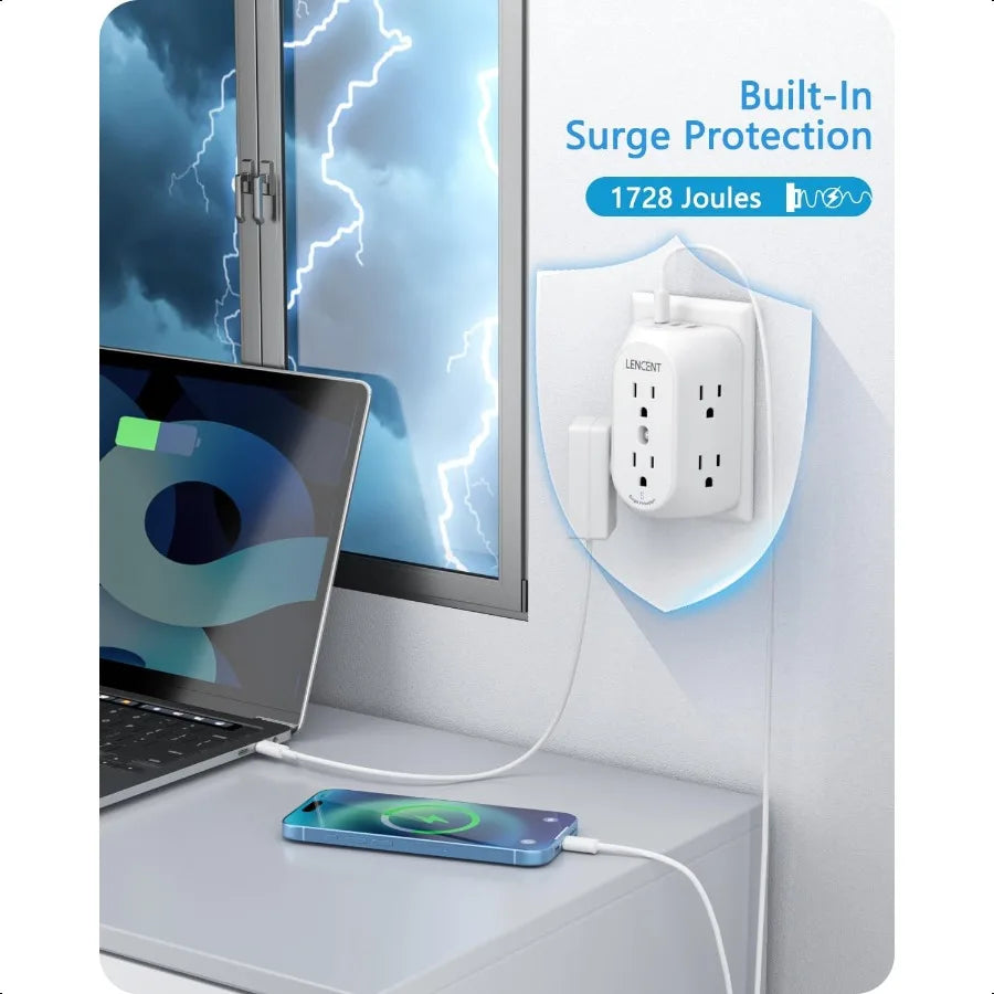 2 Prong Power Strip 3 to 2 Prong Grounding Adapter 6 Outlet PD20W 2 USB A Port 1728J Surge Protector 3Sided Wide Spaced Extende