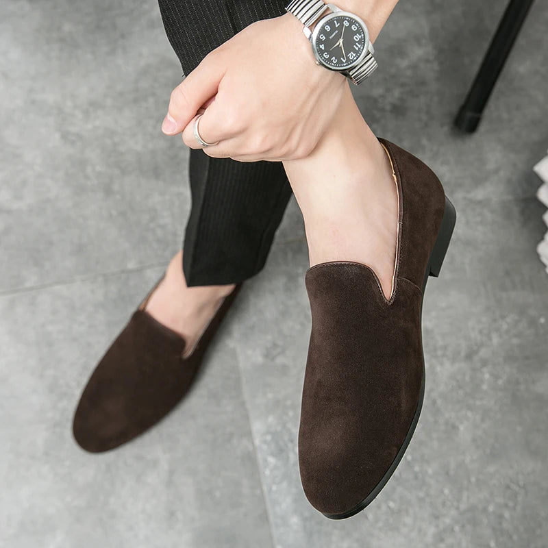 Fashion Classic Men Suede Shoes Male Pointed Brown Black Slip On Loafers Wedding Dress Homecoming Formal Footwear Zapatos Hombre