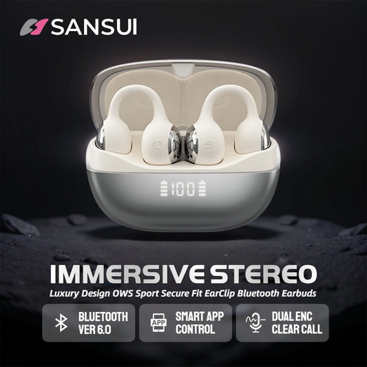 SANSUI W68 OWS Ear Clip Headphones Air Conduction Bluetooth 6.0 Earphones Dual ENC Clear Call TWS Wireless Earbuds with APP