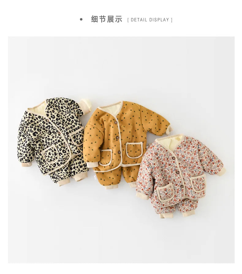 2026 Winter New Baby Warm Clothes Set Cute Leopard Floral Coat + Pants 2pcs Suit Vintage Baby Girl Outfits Infant Jacket Set