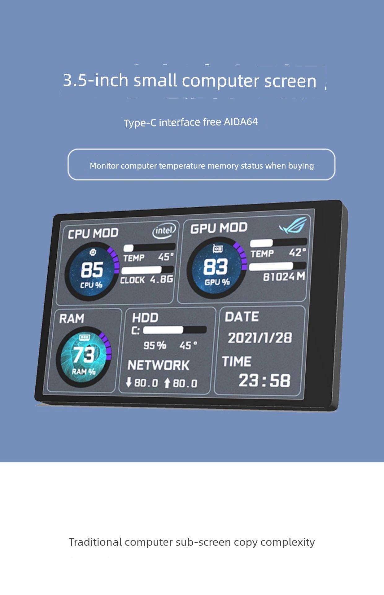 Turing Zhixian 3.5-Inch Computer Chassis Sub-Screen IPs Full View USB-C Sub-Screen Computer Temperature Monitoring
