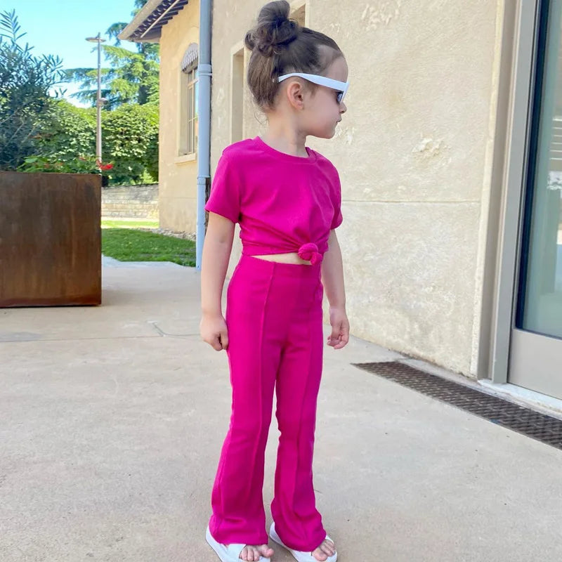 2025 Girls Summer Outfit Sets Toddler Crewneck Tshirt Shirt Top + Bell-Bottom Pants Sets Cute Children Flared Pants Baby Suit