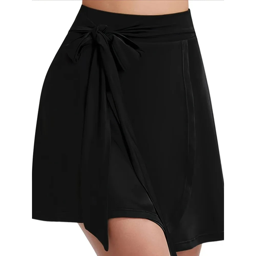 Plus Size 1XL-5XL Women's High-Waisted Tennis Skirt with Pockets  Elegant Solid Black Skirt