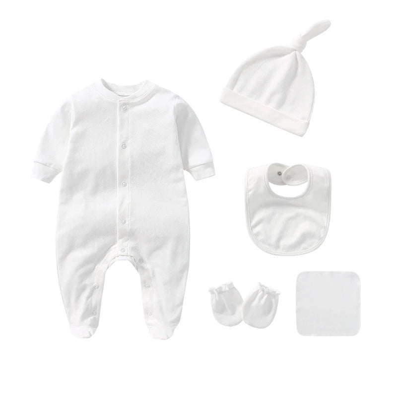 Unisex 5Pcs Newborn Baby Long Sleeve Cute Cotton Romper Jumper + Hats + Mittens+ Bib+Towel Infant Clothes Set