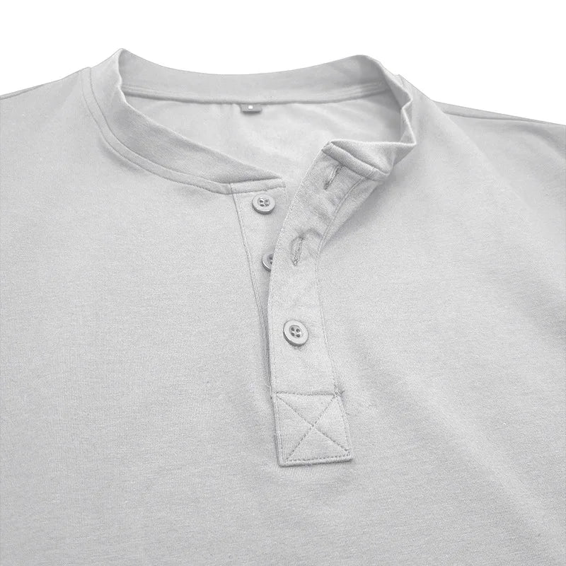 SHiONFA Spring Men's Long Sleeved T-shirt Casual Soft Cotton Base Shirt Placket Front Button Solid Color Pullover