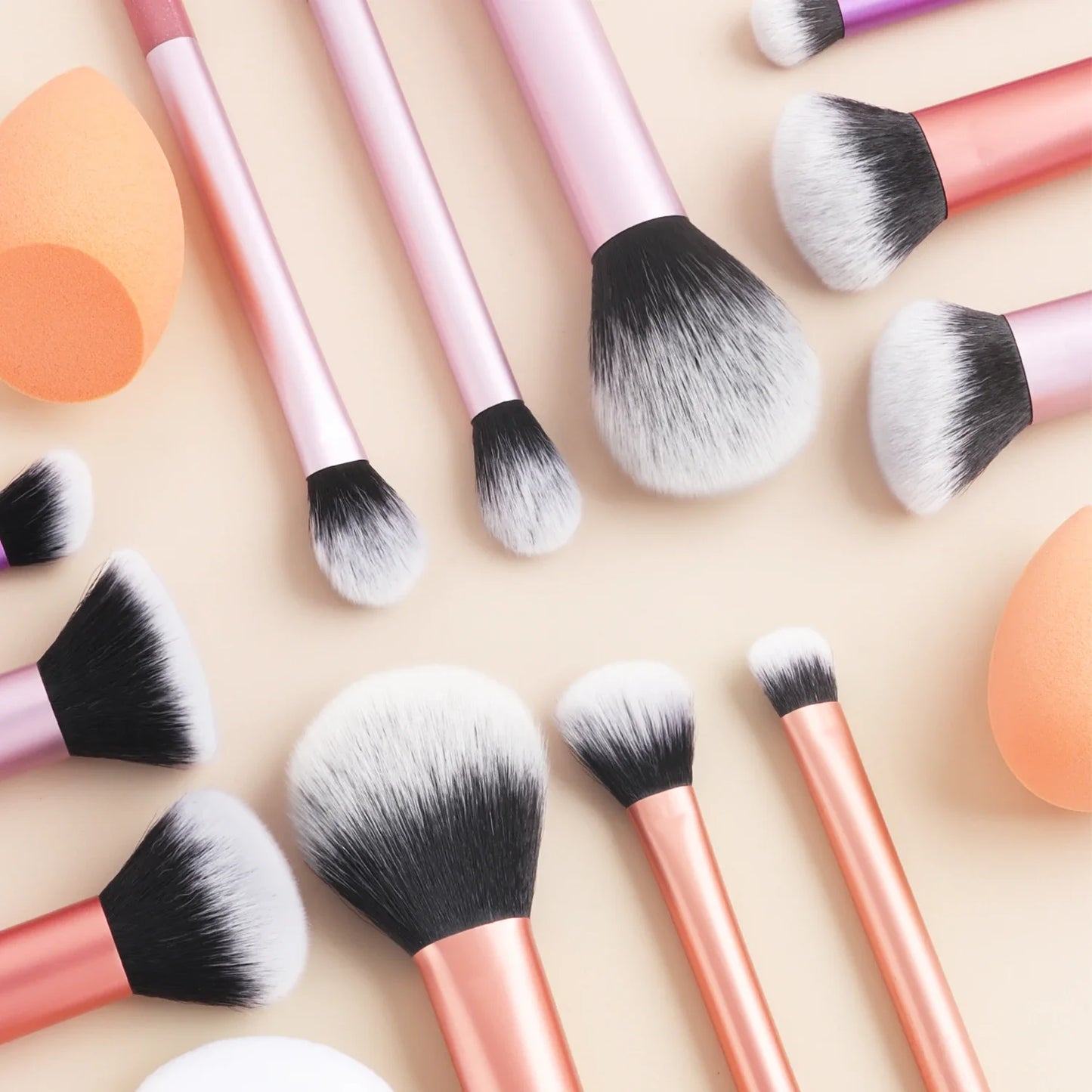 12pcs Professional Makeup Brush Set Incl. Eyeshadow, Powder, Blush Brushes, 2pcs Makeup Sponges, 1pc Powder Puff, Complete Trave