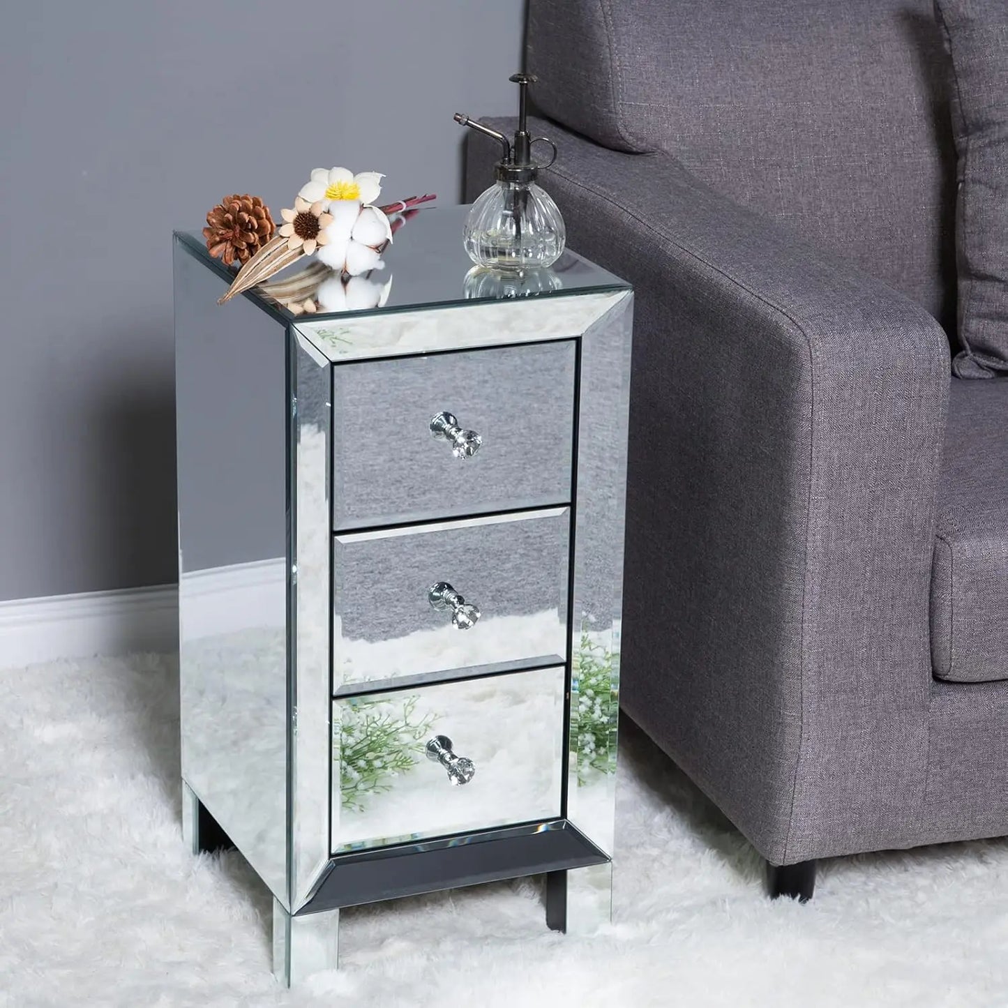 Mirrored Nightstand with 3-Drawers Silver Side End Table Mirrored Furniture for Small Space, Bedroom, Living Room