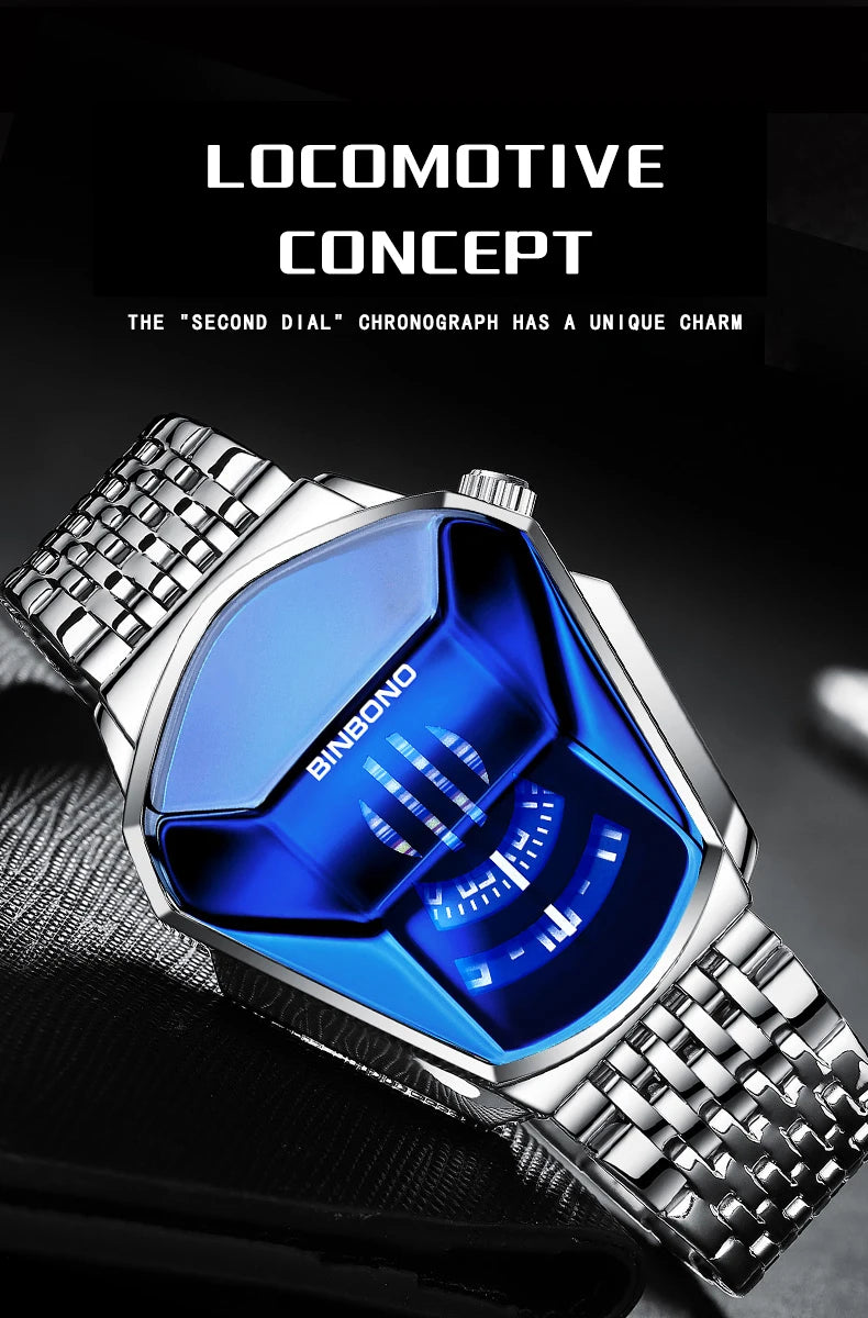 BINBOND Men Popular Fashion Motorcycle Concept Quartz Watch Luminous Steel Band Mesh Watch Touch Screen black technology watch