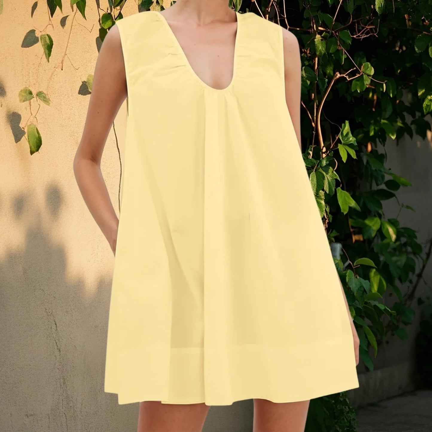 New Fashion Womens V Neck Tank Dress Sleeveless Solid Color Loose Beach Dresses With Pocket Club Street Style Hot Sale S-XL