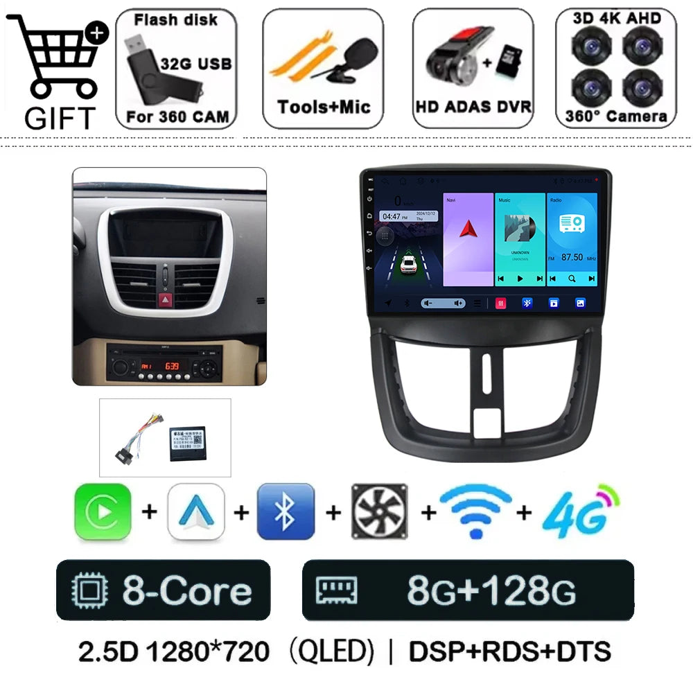 Car Radio For Peugeot 207 2006 - 2015 Multimedia Video Player Navigation Stereo GPS Android 14 wireless Carplay DSP RDS 5G WIFI