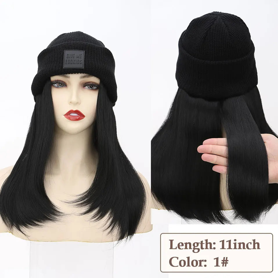 Hat Wig Knitted Beanie Wig Hat Hair Extension Straight Wig Hat Attached 11 Inch Synthetic Hairpiece for Women Girls Winter