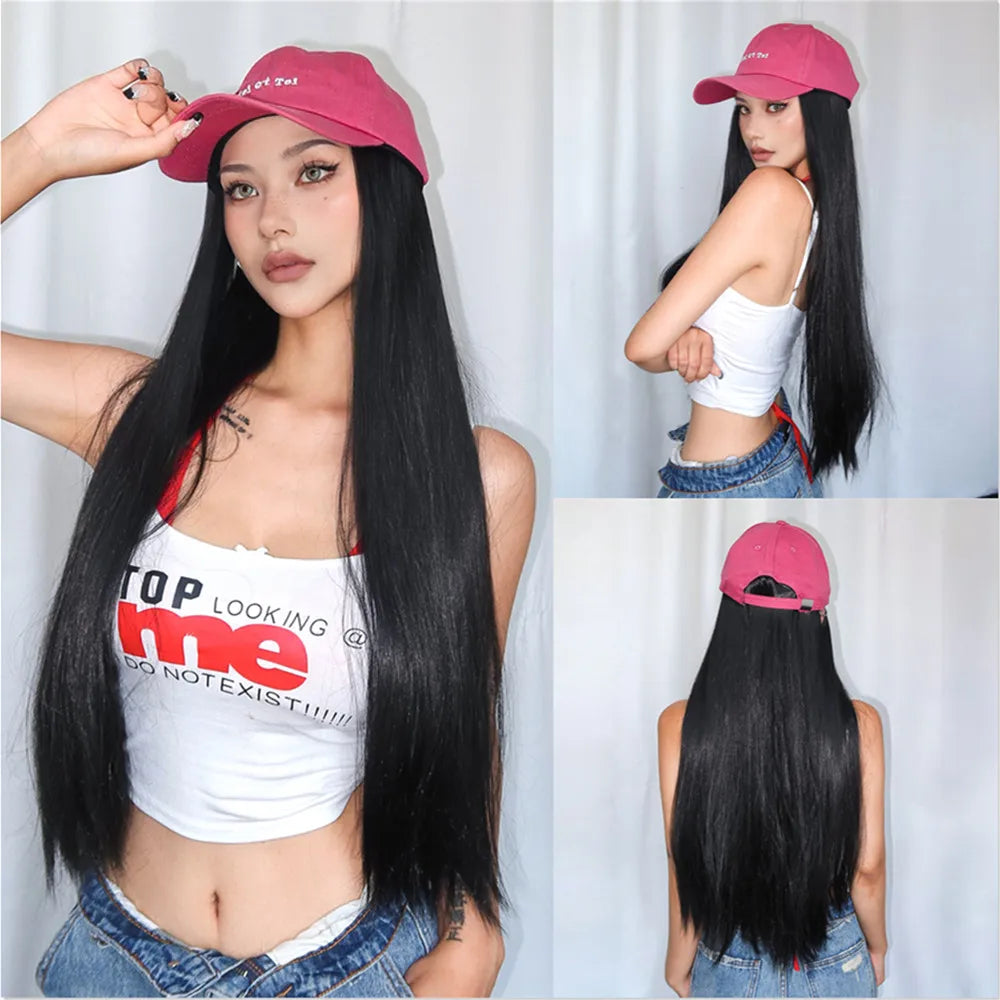 Hat Wig Blonde Hair Extension with Cap Synthetic Hair Layered Straight Wig for Women Daily Natural Heat Resistant Easy to Use