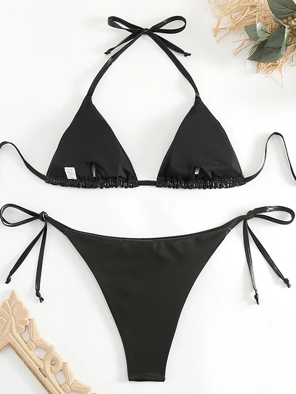 Sexy Metallic Halter Bikinis Sets Lace Up Triangle Tie Side Bikini 2026 Swimsuit Women Swimwear Brazilian Female Bathing Suits