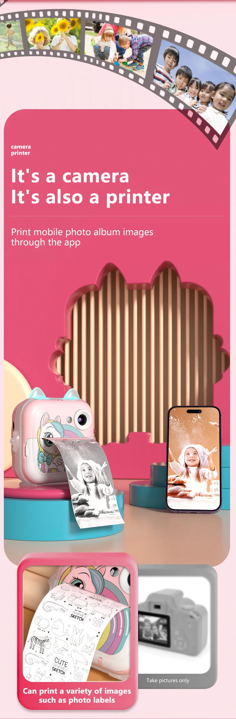 Print Camera for Kids Bluetooth Wireless Inkless Instant Print Connected APP Take Photo Video Record Camera Boys Girls Gift Toys