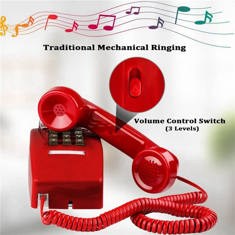 A99E-2X Wall Phones For Landline With Mechanical Ringing, Single Line 2554 Wall Telephone With Voicemail Indicator,Red