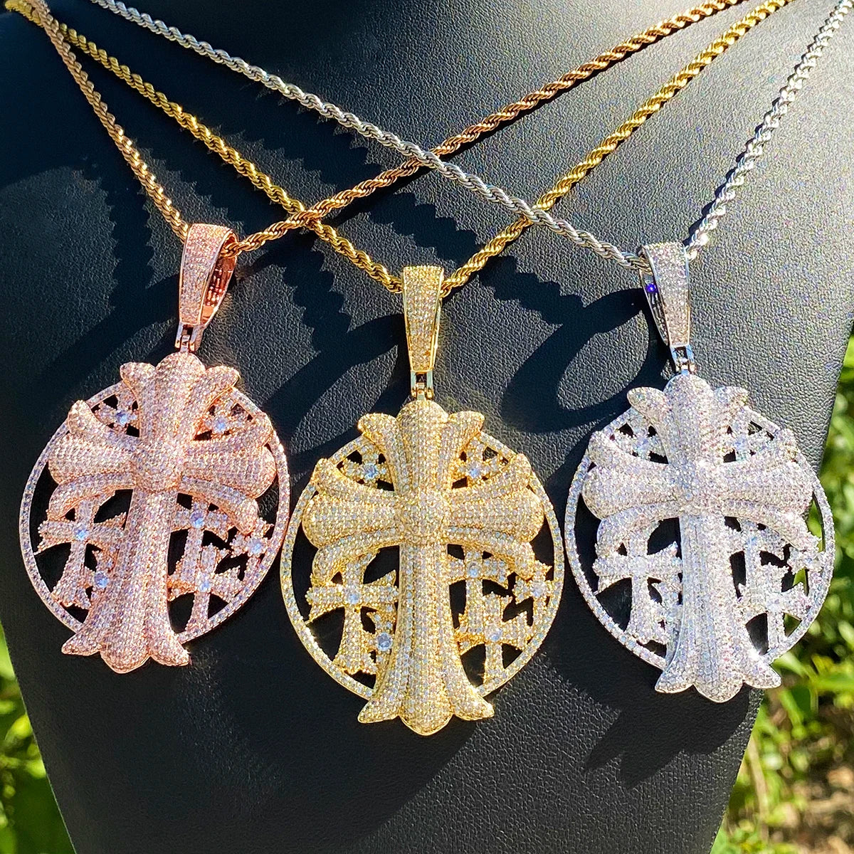 Aokaishen Iced Out Cross Disc Necklace Pendant for Women Real Gold Plated 5A Cubic Zirconia Hip Hop Jewelry
