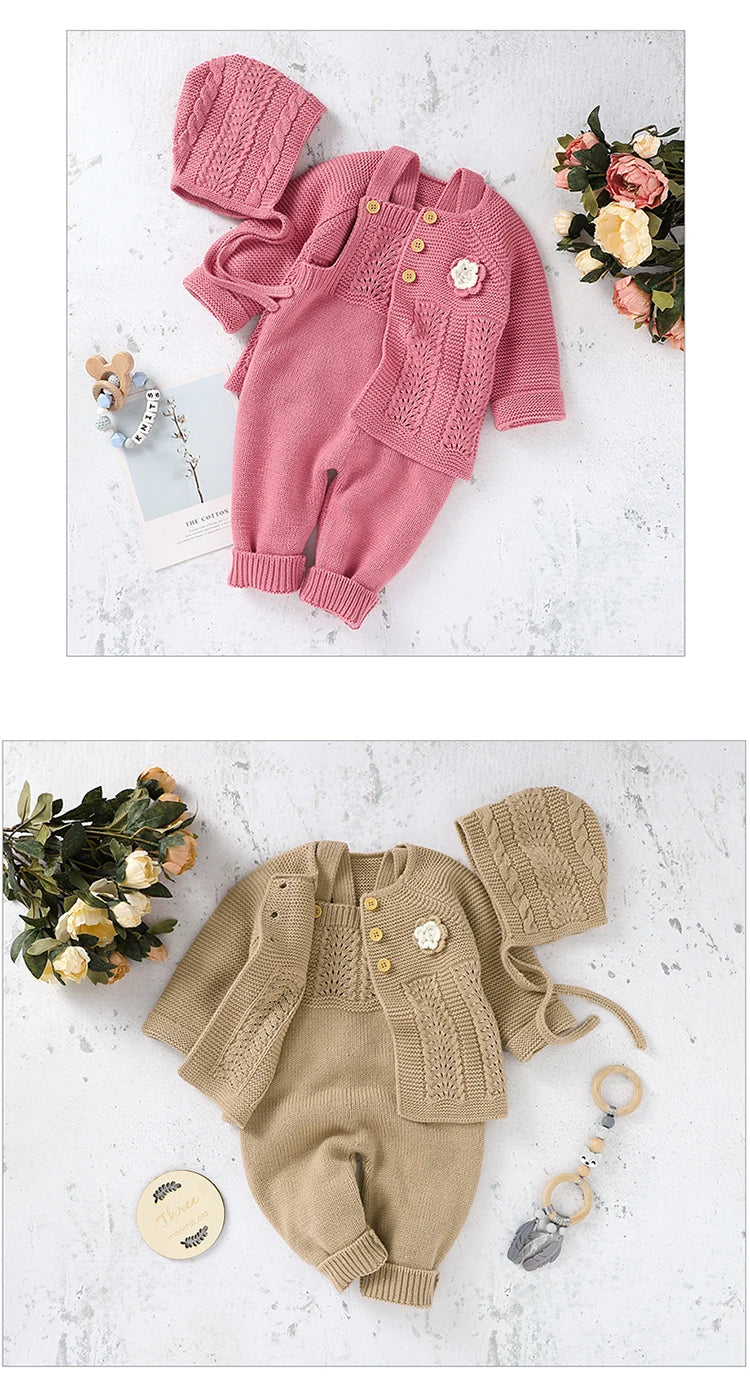 Baby Romper Set Knit Autumn Newborn Girl Boy Long Sleeve Coat Jumpsuit Outfit Hat 3PC Fashion Solid Infant Clothing Suit Sweater