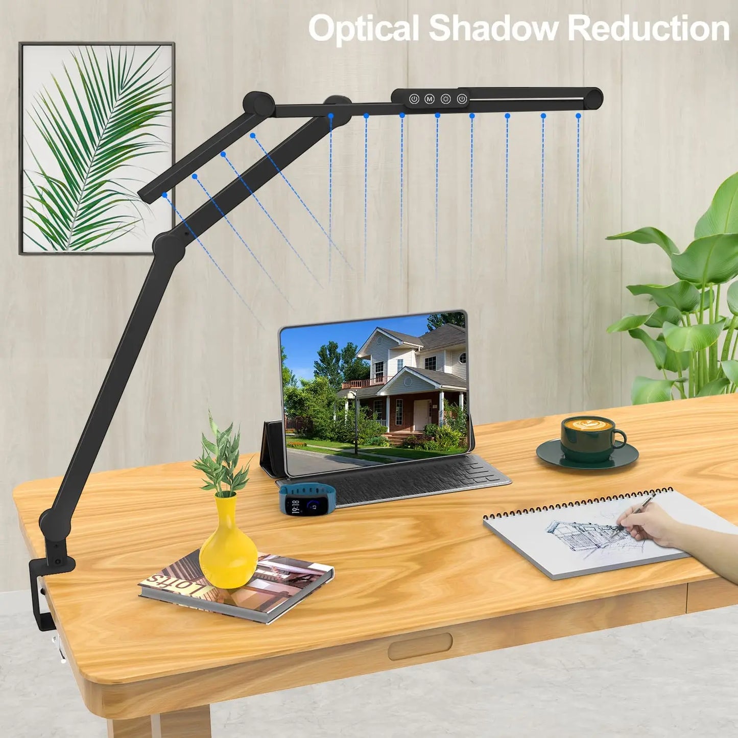 Led Desk Lamp with Clamp, Architect Desk Lamp for Home Office with Atmosphere Lighting, 24W Ultra Bright Auto Dimming Desk Light