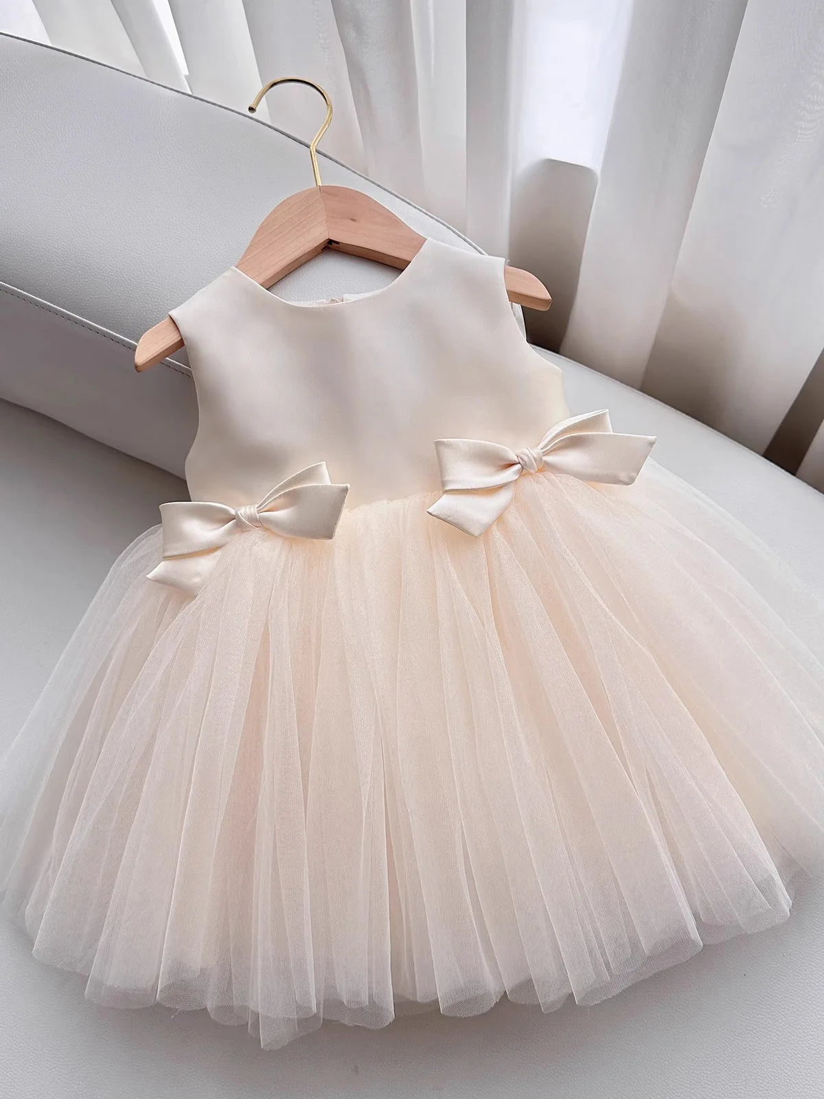 Baby Girl Princess Bow Silk Tutu Dress Sleeveless Infant Toddler Child Elegant Solid Vestido Birthday Party Baby Clothes 1-5Y